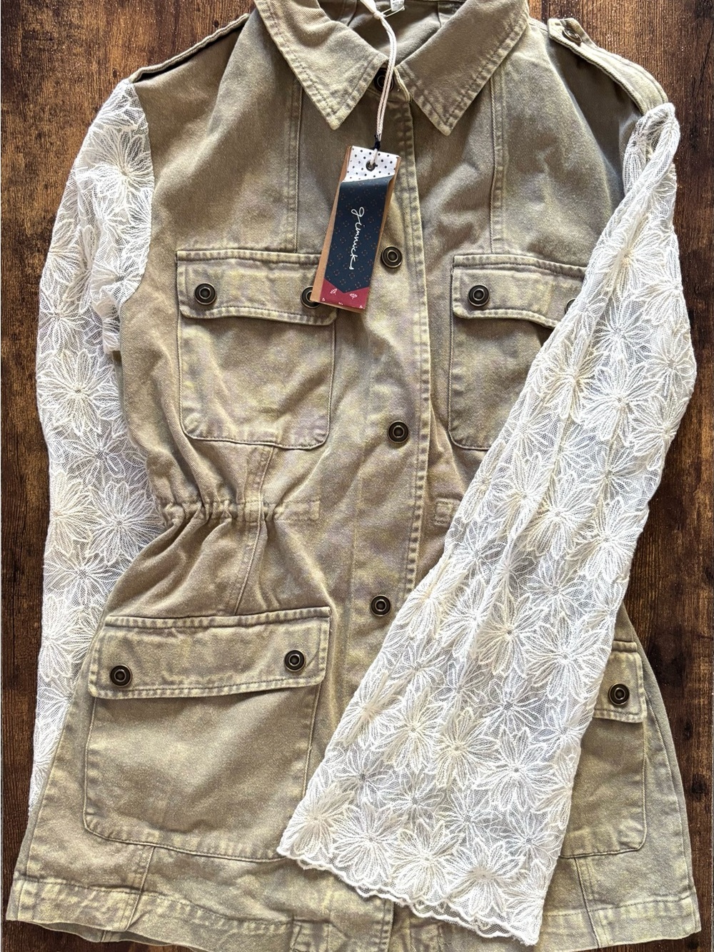 gimmicks by BKE Beige Utility Jacket‎ with White Lace Sleeves
